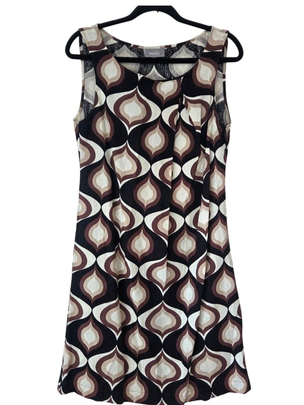 Wallis Linen Blend Retro Shift Dress Artsy Lagenlook Black Tan Women's 12